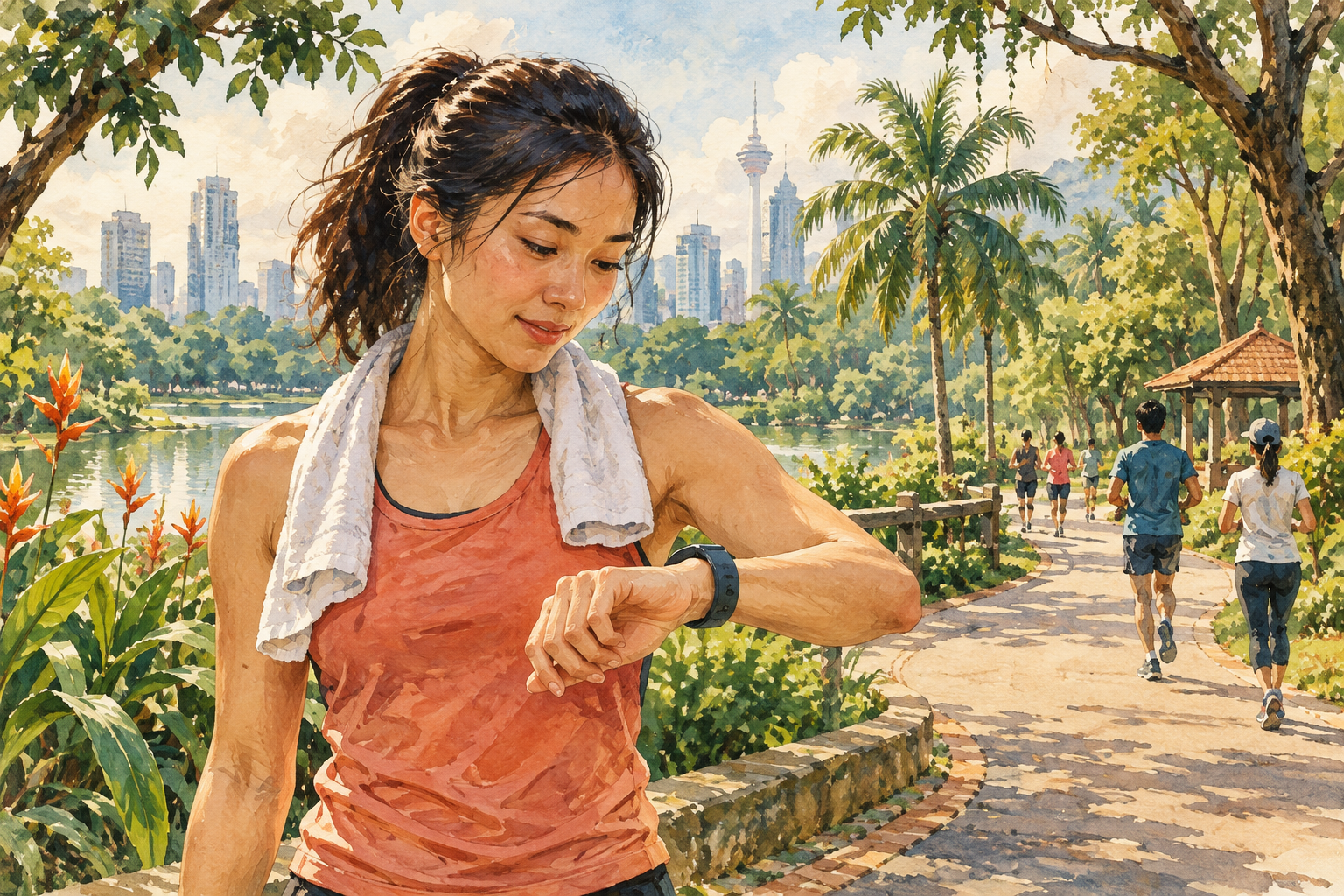 AI-generated conceptual painted fitness band on a desk beside running shoes; not an official Fitbit product image. · AI-generated editorial illustration.