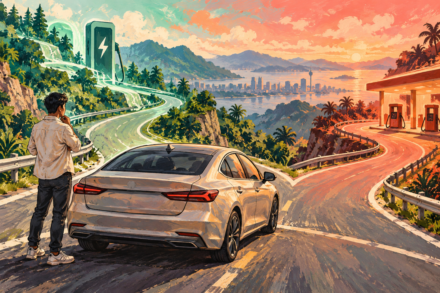 Original painted editorial interpretation of a new sports saloon splitting into electric and petrol paths; not an official BMW product render. · AI-generated editorial illustration.