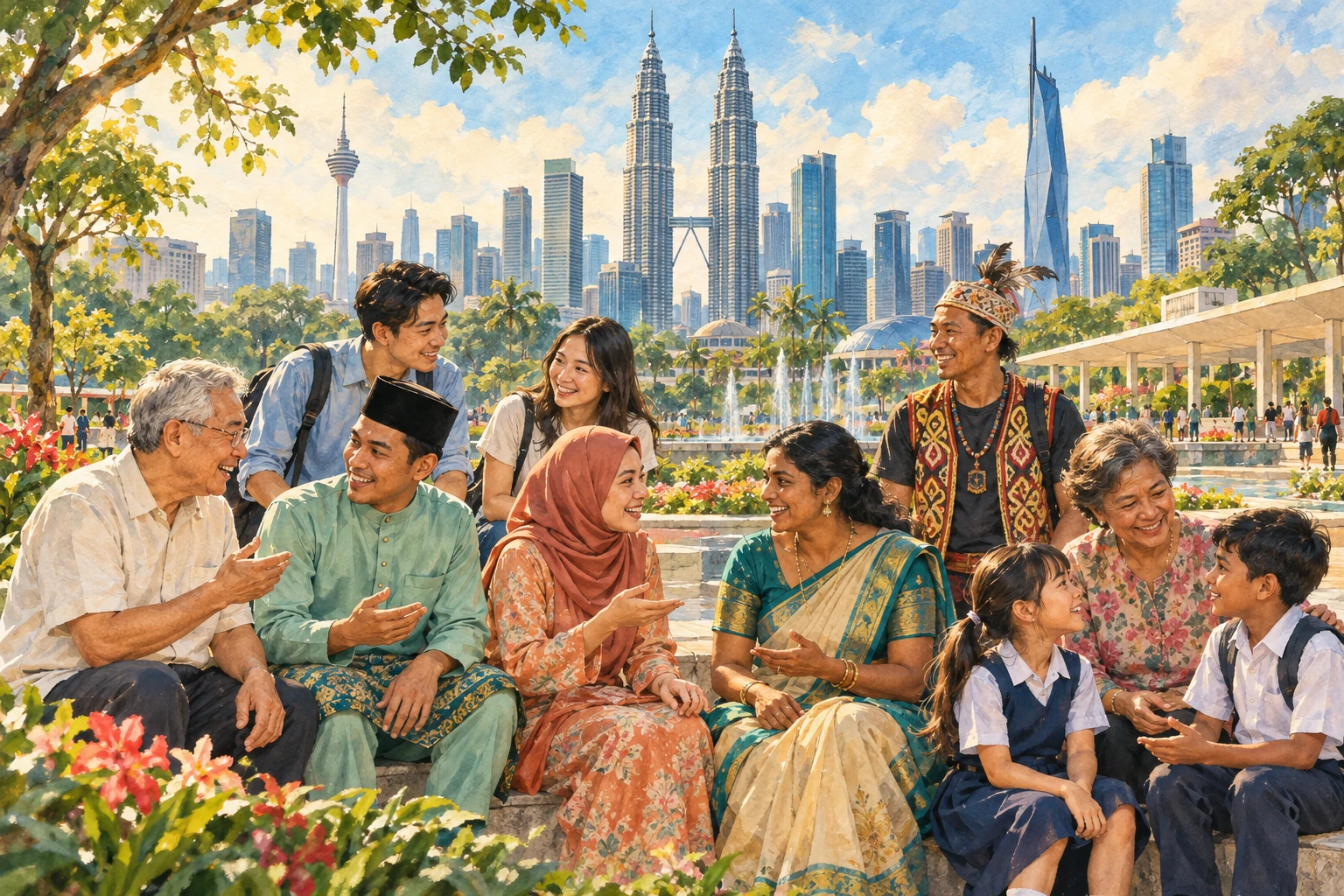AI-generated conceptual editorial illustration of Malaysians from different communities and generations enjoying a conversation, with the Kuala Lumpur skyline behind them. · AI-generated editorial illustration.