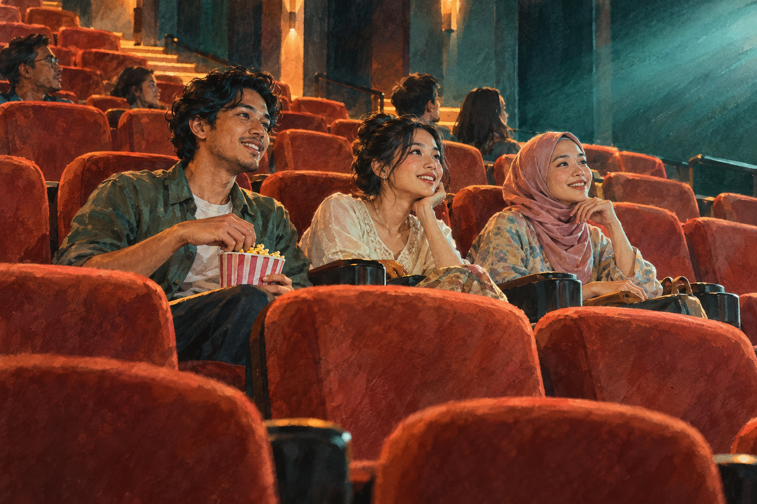 Ilustrasi konsep penonton dewasa di pawagam; bukan adegan filem atau gambaran pelakon sebenar. · AI-generated editorial illustration.